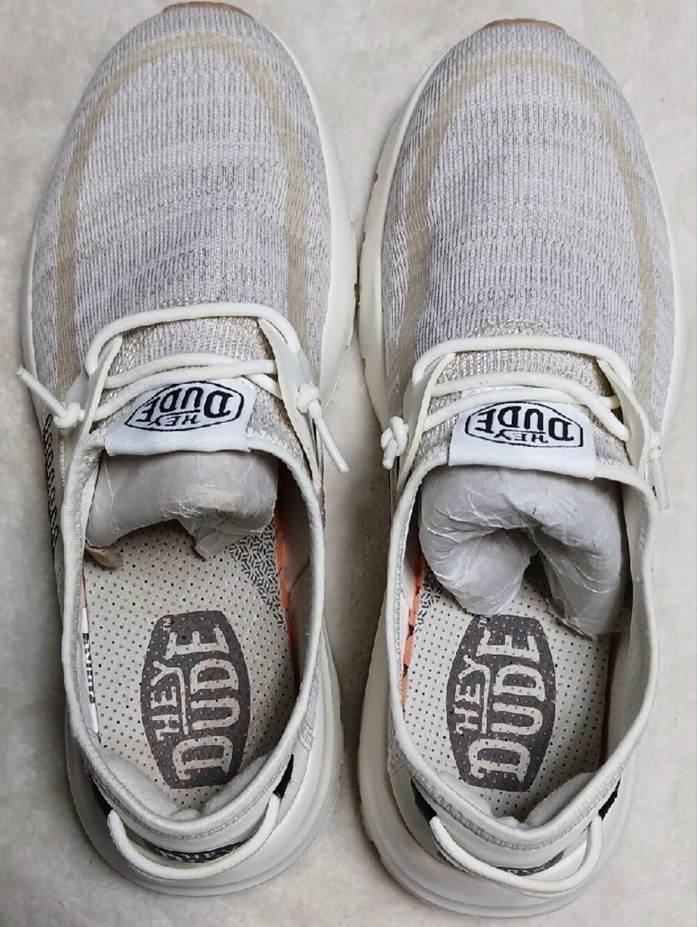 Hey Dude Men's Slip-On Knit Sneakers in White and Tan Accents Size 9 Mens